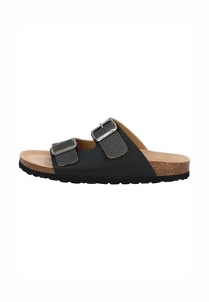 Black slide sandal featuring two adjustable straps with metallic accents, a cork footbed, and a textured rubber sole.