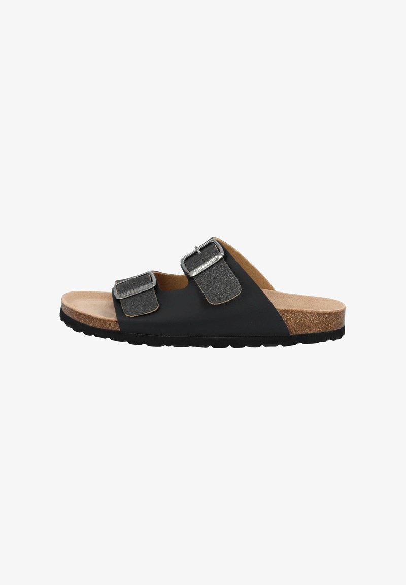 Schwarze Riemensandalen mit zwei verstellbaren Riemen mit metallischen Akzenten, einem Korkfußbett und einer strukturierten Gummisohle.