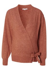 Rostfarbener Wickelcardigan aus weichem Strickstoff. Mit langen Ärmeln, einem tiefen V-Ausschnitt und einer Bindung in der Taille.