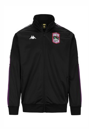 Giacca nera con zip realizzata in tessuto liscio. Presenta strisce viola sulle spalle, una toppa con logo e polsini e vita a coste.