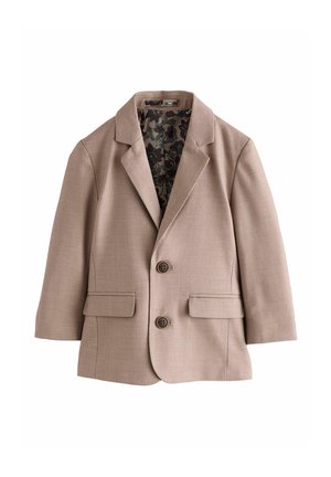 Light brown tailored blazer with two buttons, notched lapel, flap pockets, and floral patterned inner lining.