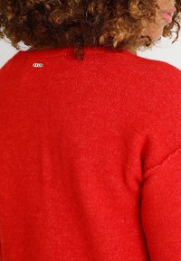 Personne aux cheveux bouclés portant un pull rouge vif, vue de dos et de côté, avec une petite étiquette métallique près de l'encolure.