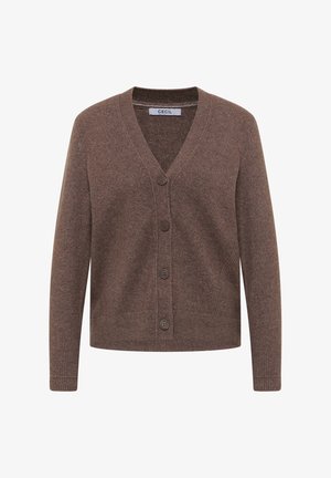 Brown knitted cardigan with a V-neck, long sleeves, and six button closures. Features ribbed cuffs and hem, and two side pockets.