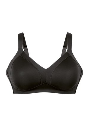 Zwarte bh van gladde stof, met een gestructureerd ontwerp en naden voor ondersteuning, verstelbare bandjes en een klassieke driehoekige vorm.