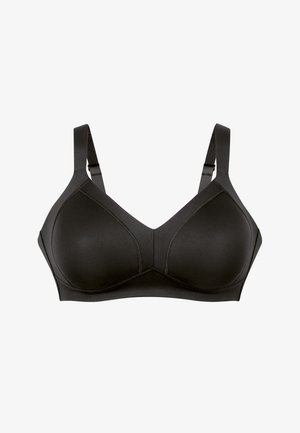 Zwarte bh van gladde stof, met een gestructureerd ontwerp en naden voor ondersteuning, verstelbare bandjes en een klassieke driehoekige vorm.