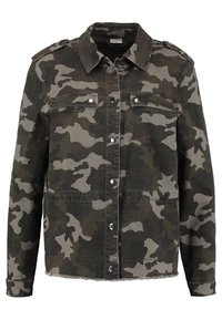 Herrens militärjacka i grön och grå kamouflage, knäppning framtill, två bröstfickor med lock och axelkläppar.