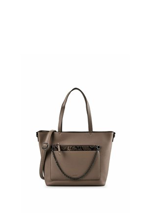 Sac cabas en cuir taupe avec doubles poignées, une poche avant zippée ornée d'un motif serpent et une bandoulière réglable.