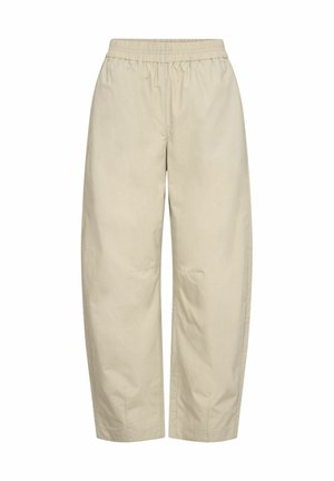 Beige, weit geschnittene Hose mit elastischem Bund und geradem Saum aus leichtem Stoff.