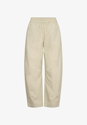 Pantalon beige à jambes larges avec taille élastique et ourlet droit, en tissu léger.