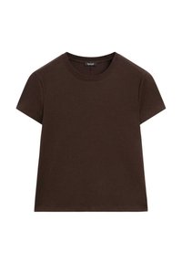 Plain dark brown short-sleeve crew neck T-shirt laid flat on a white background.