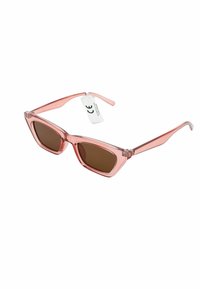 Occhiali da sole rosa, rettangolari, con lenti marroni, montatura trasparente e sottili bracci angolari; etichetta attaccata con marchio CE.