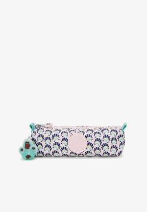 Trousse ronde de couleur rose pâle avec un motif de ventilateur en bleu marine, jaune et vert. Comprend un logo en caoutchouc et un porte-clés gorille bleu. Fermeture zippée.