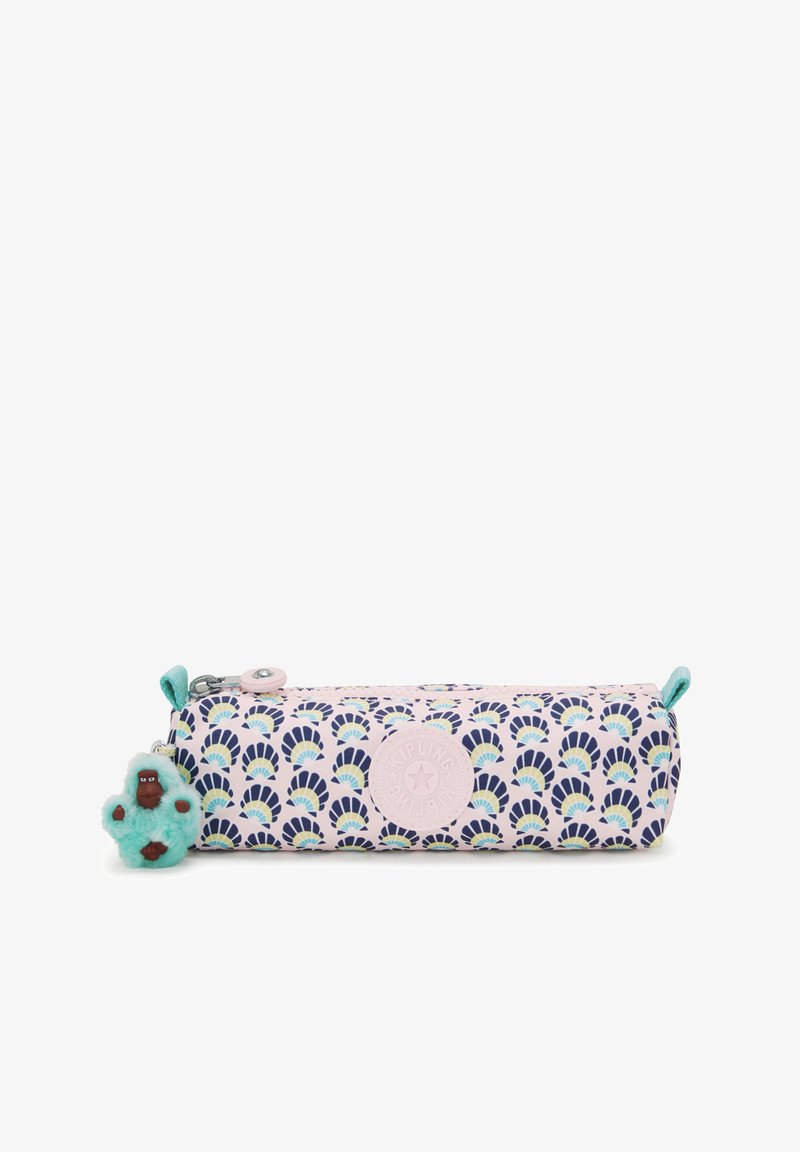 Round pencil case in pale pink with a fan pattern in navy, yellow, and green. Features a rubber logo and a blue gorilla keychain. Zipper closure.