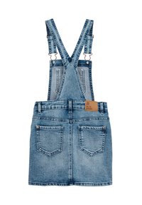 Denim overall krilo v svetlo modri barvi, z nastavljivimi naramnicami, dvema sprednjima žepoma in rjavim usnjenim logotipom na pasu.