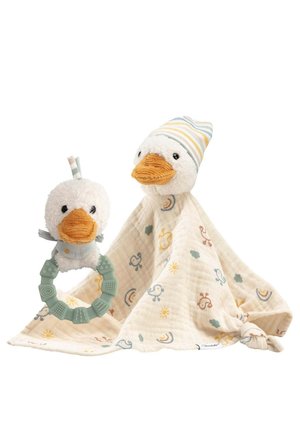 Soft duck plush with orange beak attached to a patterned comfort blanket and matching duck plush teething ring with textured green ring.