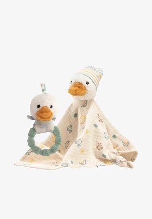 Soft duck plush with orange beak attached to a patterned comfort blanket and matching duck plush teething ring with textured green ring.