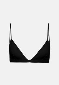 Musta kolmiomuotoinen brassipaita, jossa ohuet kaksoishihnat ja yksinkertainen joustava alareuna vaalealla taustalla.