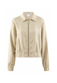 Giacca beige corta con colletto a camicia, chiusura con zip, polsini e orlo elasticizzati, realizzata in un tessuto liscio con una leggera lucentezza.