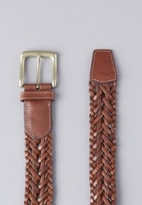 Brown braided leather belt with a metallic silver buckle, featuring a smooth leather keeper and stitched edges for durability.