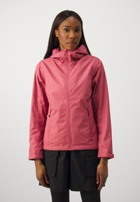 Pink waterproof jacket with a zip front, adjustable hood, and two side pockets. Smooth texture, lightweight fabric, and elastic cuffs.