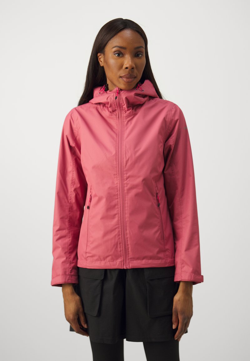 Pink waterproof jacket with a zip front, adjustable hood, and two side pockets. Smooth texture, lightweight fabric, and elastic cuffs.
