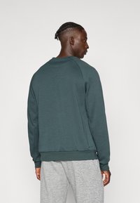 Sudadera verde oscuro con cuello redondo y puños acanalados, vista desde la parte de atrás, que presenta un corte relajado y una textura suave.