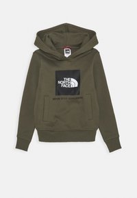 Olivgrön huvtröja i bomullsblandning. Har en framficka, ribbade ärmmuddar och en logopatch med text på svart bakgrund.