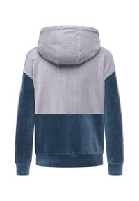 Felpa con cappuccio in corda a coste, caratterizzata da una parte superiore grigio chiaro e una parte inferiore blu scuro. Tessuto liscio con vestibilità rilassata.