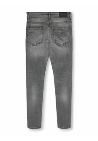 Jeans de mezclilla gris con un ajuste ajustado, que cuentan con cinco bolsillos, un sutil efecto de desgaste y un parche con el logo en la cinturilla. Textura suave.