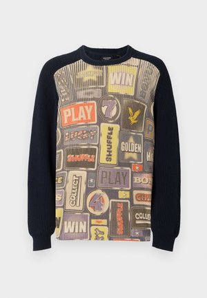 Maglione lavorato a maglia con un davanti decorato da un motivo a tema gioco in vari colori e un retro e maniche a coste di un blu navy scuro.