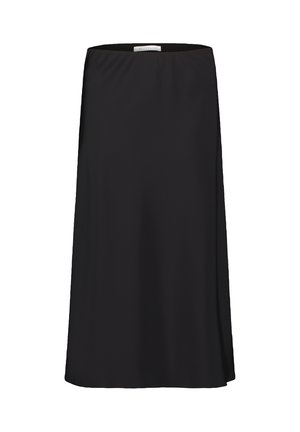 Čierna midi sukňa vyrobená z hladkého, ľahkého materiálu. Obsahuje elastický pás a jednoduchý, nezdobený dizajn.