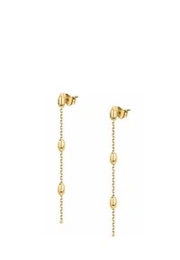 Guldtonede dangle øreringe med ovale perleaccentuer på en kæde, med stud-bagsider og et slankt, minimalistisk design.