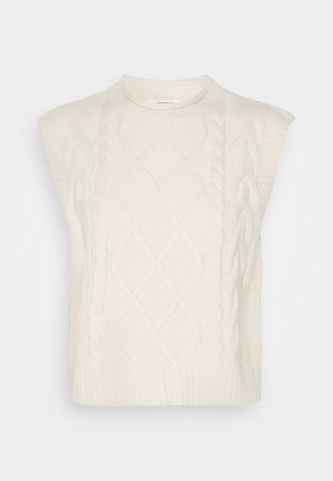 Gilet en tricot sans manches de couleur crème avec motif torsadé et losanges, ourlet côtelé et col rond.