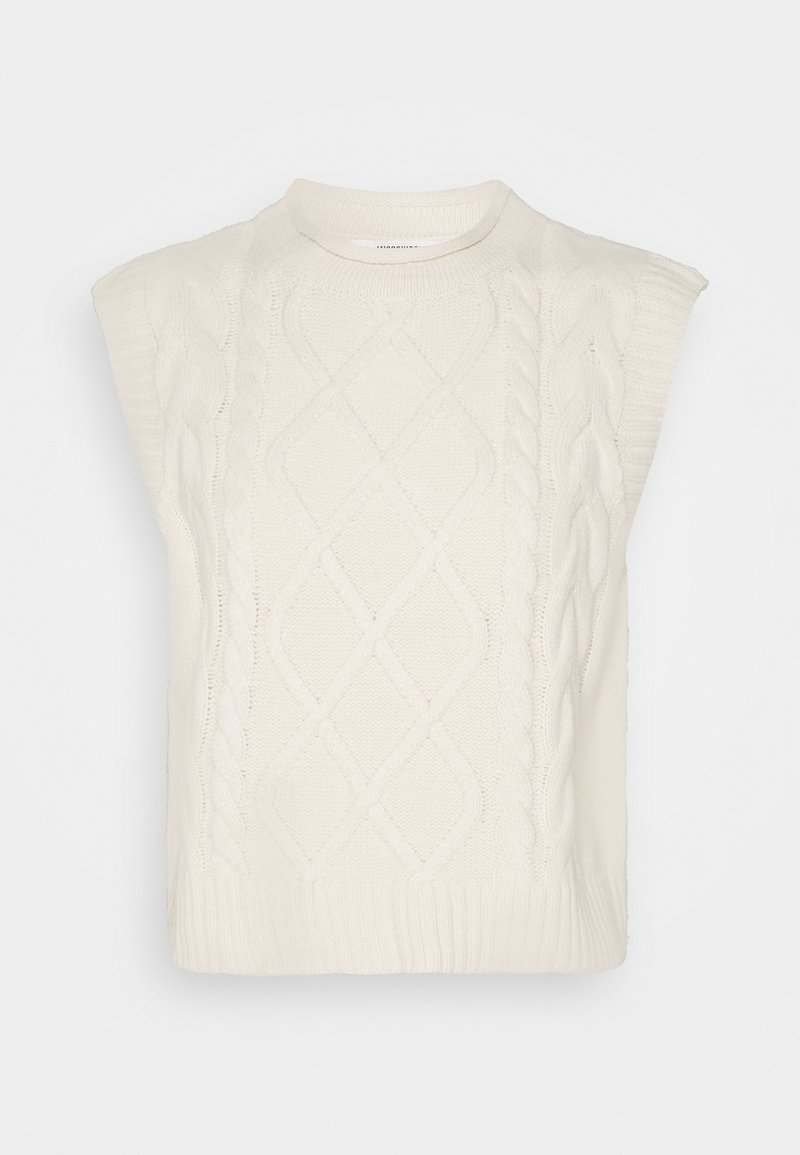 Gilet en tricot sans manches de couleur crème avec motif torsadé et losanges, ourlet côtelé et col rond.