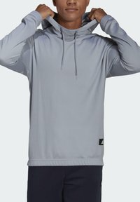 Lichtgrijze pullover hoodie met een trekkoord, lange mouwen, een gestructureerde stof en een logopatch aan de onderkant.