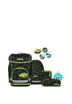 Black and green geometric patterned school backpack set with drawstring bag, pencil case, wallet, car-themed badges, and blue furry keychain.