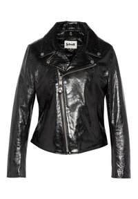 Veste de moto en cuir synthétique noir avec une finition brillante, col cranté, fermeture éclair diagonale et détails à boutons-pression.