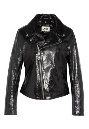 Veste de moto en cuir synthétique noir avec une finition brillante, col cranté, fermeture éclair diagonale et détails à boutons-pression.