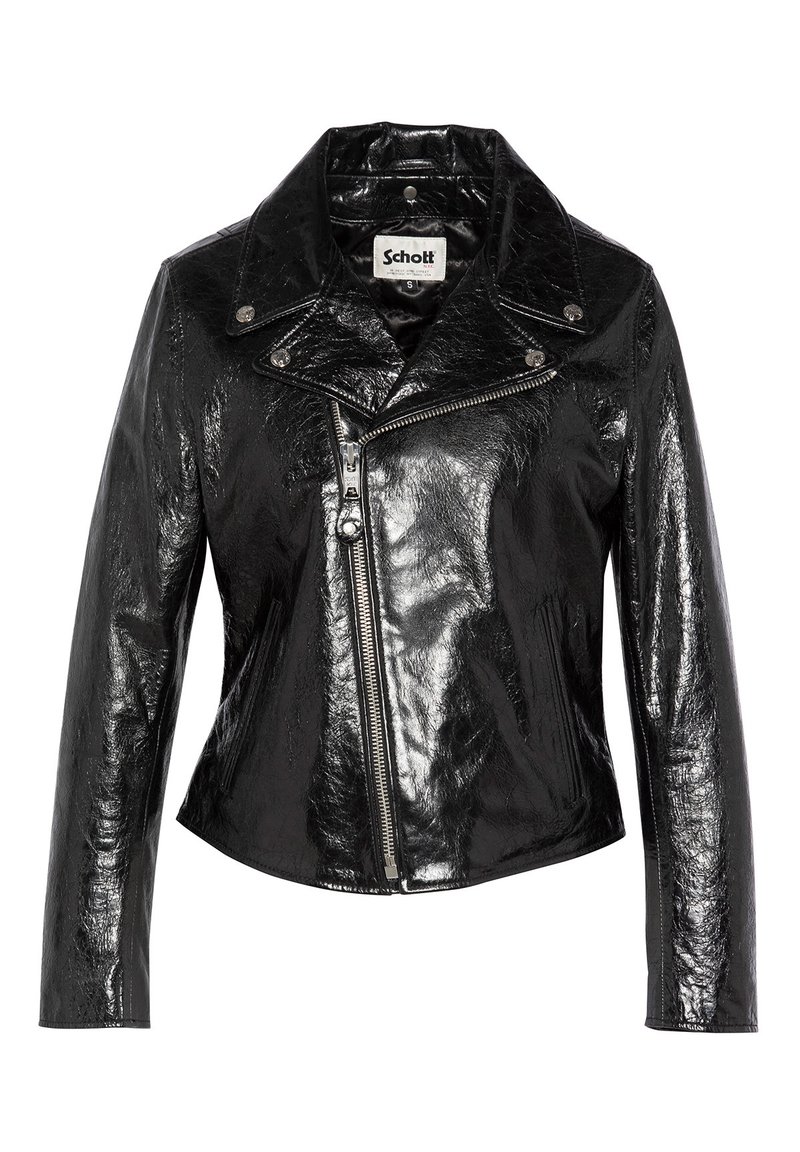 Veste de moto en cuir synthétique noir avec une finition brillante, col cranté, fermeture éclair diagonale et détails à boutons-pression.