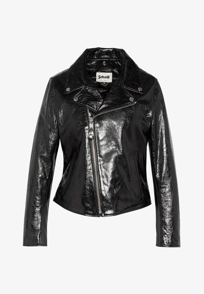 Veste de moto en cuir synthétique noir avec une finition brillante, col cranté, fermeture éclair diagonale et détails à boutons-pression.