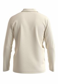 Polo a maniche lunghe beige realizzato in tessuto testurizzato, con colletto classico e orlo dritto senza loghi o decorazioni visibili.