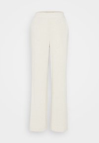 Pantalones de pierna ancha en mezcla de lino color blanco roto. Con una cintura alta y un ajuste relajado, presentan una textura suave y sin patrones visibles.