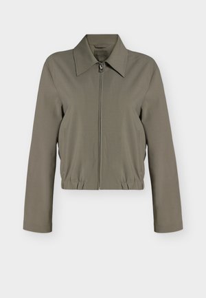 Ανοιχτόχρωμο ελιάς σακάκι με φερμουάρ, μακριά μανίκια, πλατύ γιακά, ελαστική στενή άκρη και πλαϊνές τσέπες, εμφανίζεται σε λευκό φόντο.