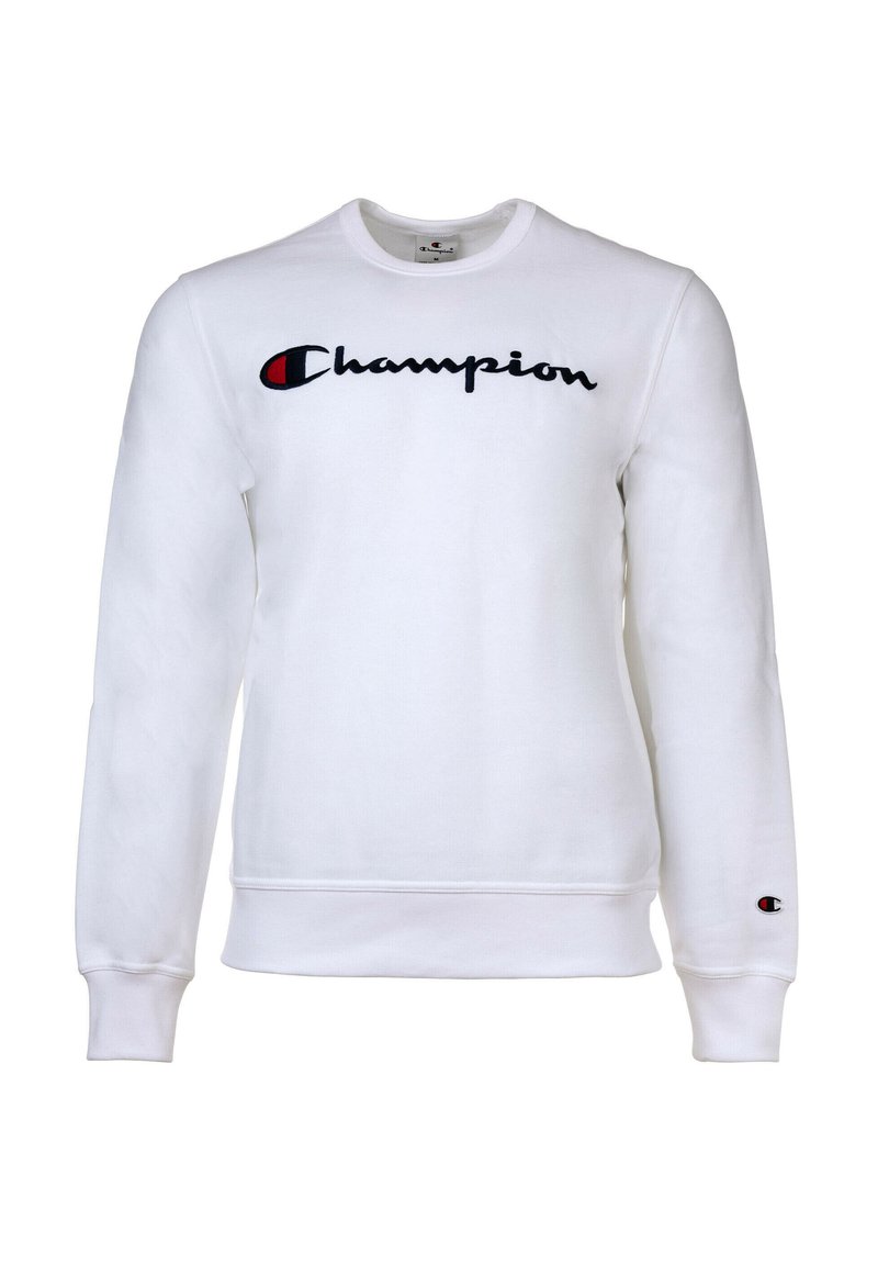 Sudadera blanca de manga larga, con cuello redondo y logo Bordado de "Champion" en negro. Presenta un parche con el logo en la manga izquierda.