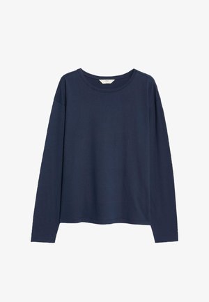 T-shirt à manches longues bleu marine en coton doux. Présente un col rond et une coupe décontractée avec des coutures d'épaule tombantes. Aucun motif visible.