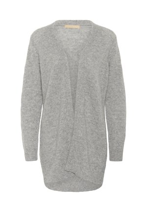 Lichtgrijze cardigan van zachte wol, met een V-hals, een open voorkant, lange mouwen en een gebogen zoom voor een relaxte pasvorm.