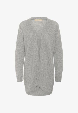 Cardigan grigio chiaro realizzato in morbida lana, con scollo a V, design aperto davanti, maniche lunghe e orlo curvo per una vestibilità comoda.