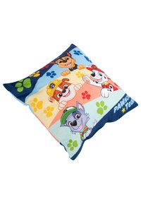 Cuscino quadrato con una copertura in tessuto morbido, caratterizzato da colorati cani dei cartoni animati su uno sfondo multicolore, accentuato da motivi di impronte di zampe.