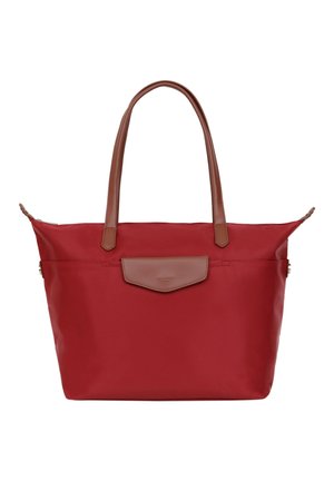 Rote Nylon-Tasche mit braunen Ledergriffen und einer Frontklappe. Verfügt über einen Reißverschluss und ein einfaches, klares Design. Ideal für den täglichen Gebrauch.