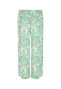 Pantalones de pierna ancha con estampado y cinturilla elástica. Presentan un diseño de paisley en tonos verde menta, crema y multicolores en una tela ligera.